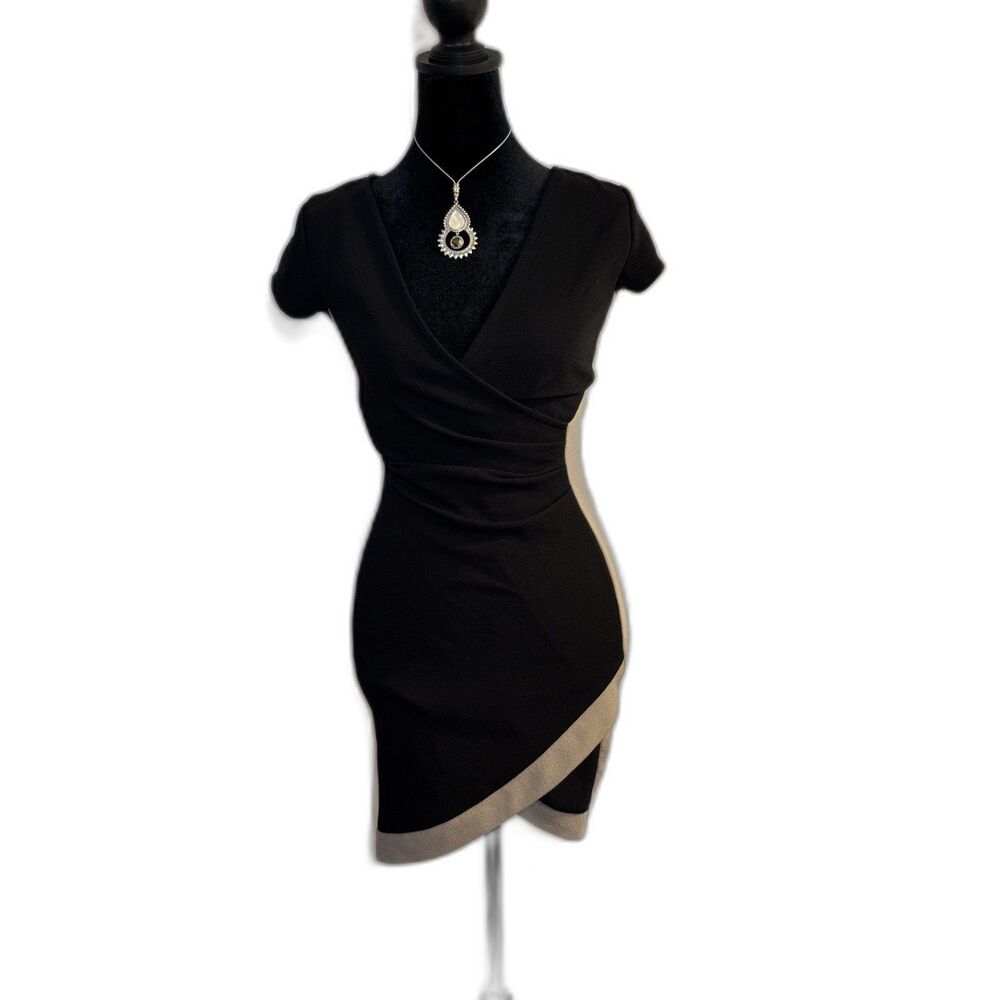 90s Minimalist Black Taupe Wrap Bodycon Mini Dress — Surplice Neck